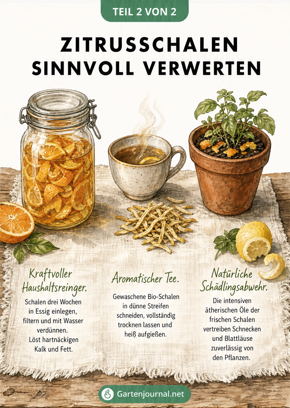Illustration von Essigreiniger, Tee und Blumentopf mit Zitrusschalen
