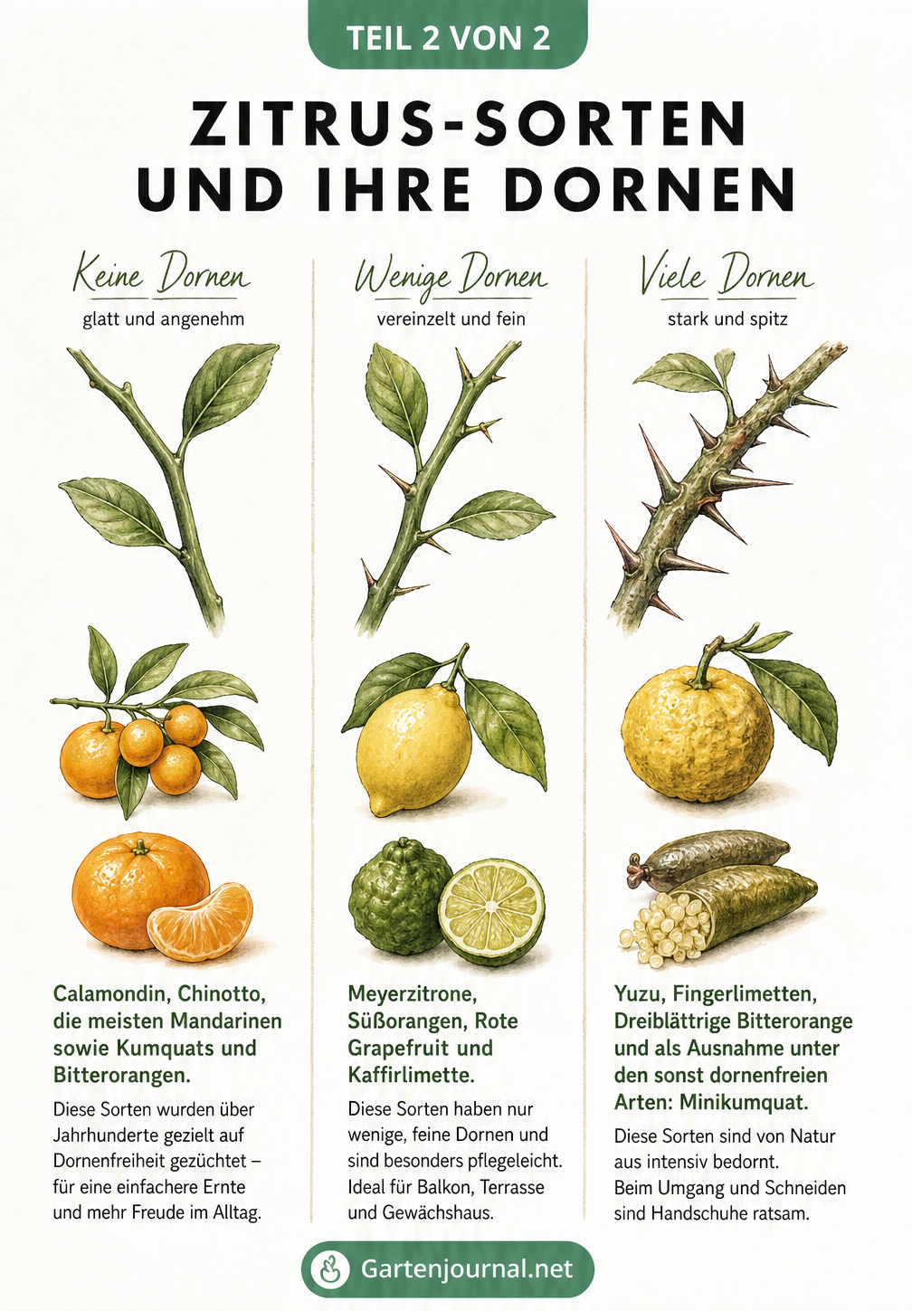 Schautafel mit drei Zitruszweigen: links dornenlos mit Calamondin, mittig leicht bedornt mit Meyerzitrone, rechts stark bedornt mit Yuzu.