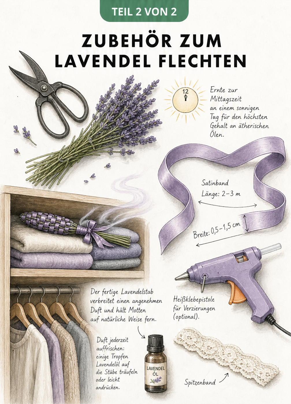 Flat-Lay Illustration mit Zubehör zum Lavendelflechten wie Floristenschere, Satinband und Lavendelöl
