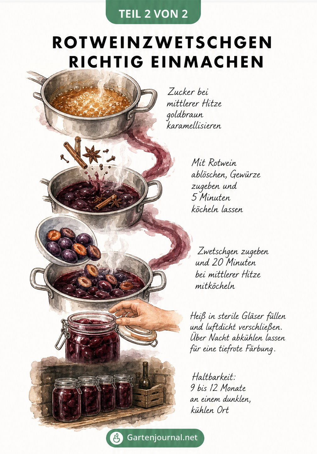 Schritt-für-Schritt-Illustration zum Einmachen von Rotweinzwetschgen: Karamellisieren, Köcheln, Abfüllen und Lagern