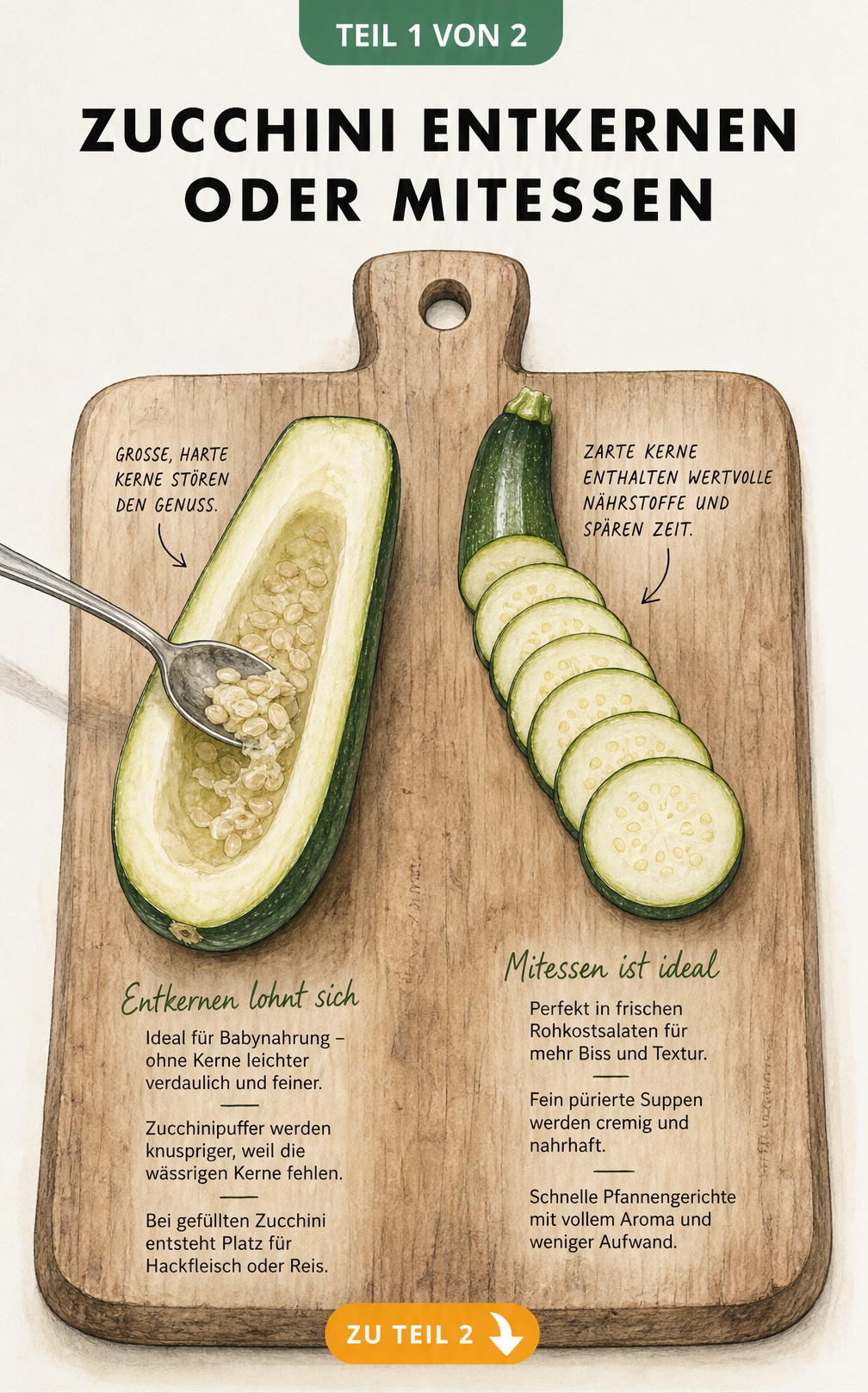 Illustration einer halbierten Zucchini, bei der die Kerne mit einem Löffel entfernt werden, neben einer kleinen Zucchini in Scheiben