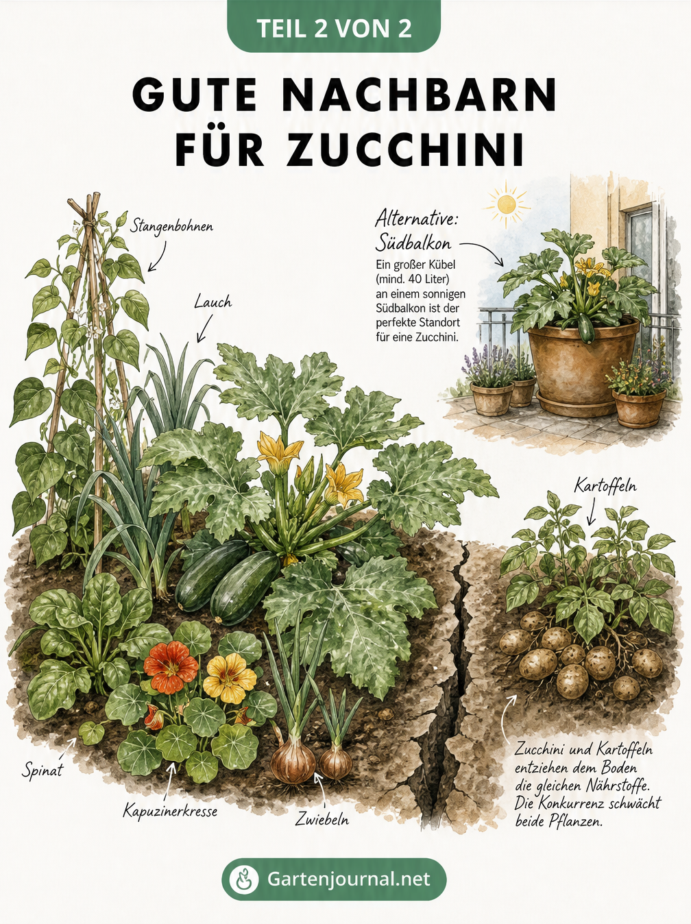 Zeichnung von guten Nachbarn für Zucchini wie Bohnen und Spinat sowie schlechten Nachbarn wie Kartoffeln