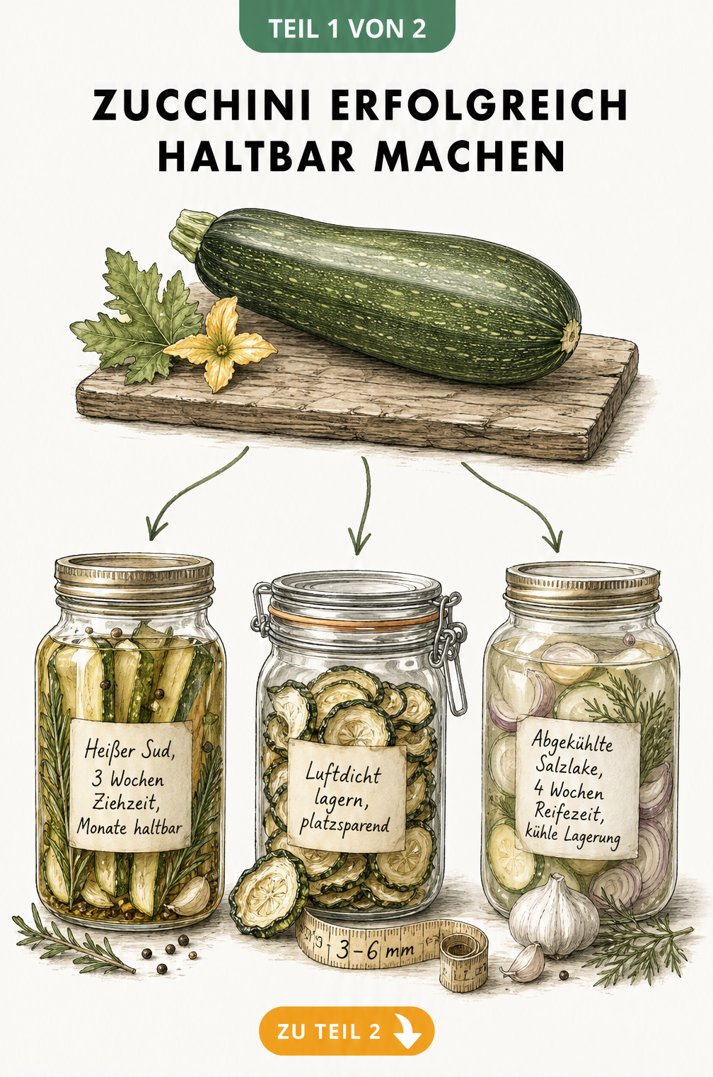 Illustration von drei Methoden zum Haltbarmachen von Zucchini: Einlegen in Öl, Trocknen und Fermentieren in Salzlake.
