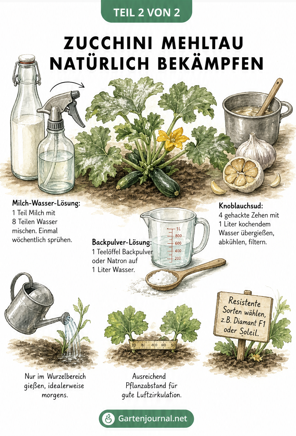 Illustration einer Zucchinipflanze mit Hausmitteln wie Milch, Knoblauch und Backpulver zur Bekämpfung von Mehltau.