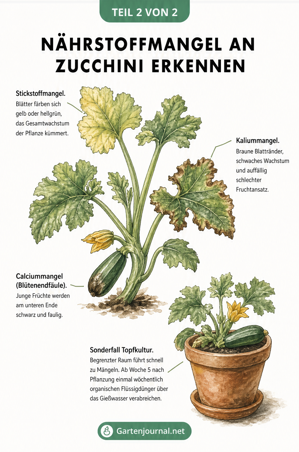 Illustration einer Zucchinipflanze mit Symptomen für Stickstoff-, Kalium- und Calciummangel sowie Tipps für die Topfkultur