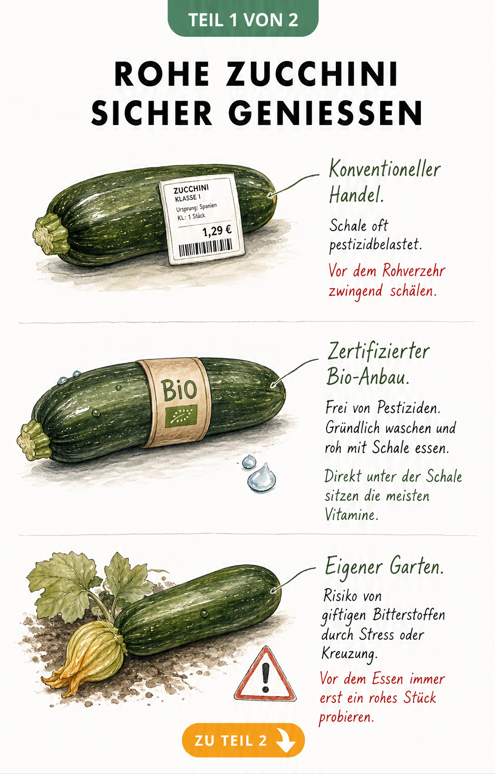 Illustration von drei Zucchini mit Hinweisen zur Herkunft und Zubereitung für den sicheren Rohverzehr