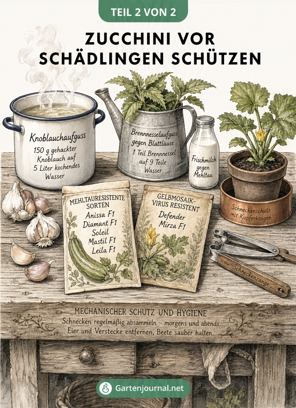 Gezeichneter Pflanztisch mit Hausmitteln gegen Zucchini-Schädlinge wie Knoblauchaufguss, Brennnesselsud und Schneckenkragen