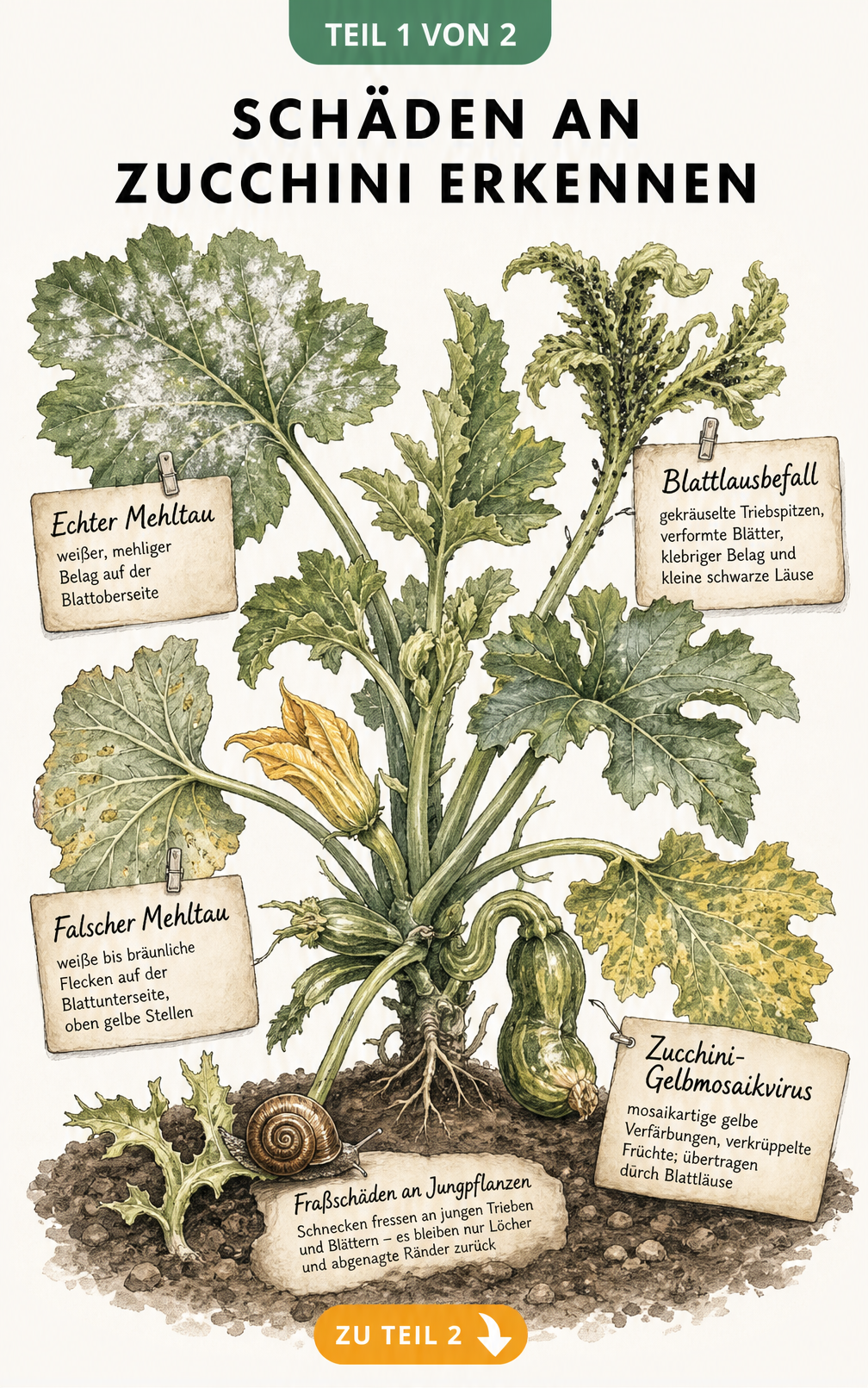 Illustration einer Zucchini-Pflanze mit Schadbildern von Mehltau, Blattläusen, Gelbmosaikvirus und Schneckenfraß