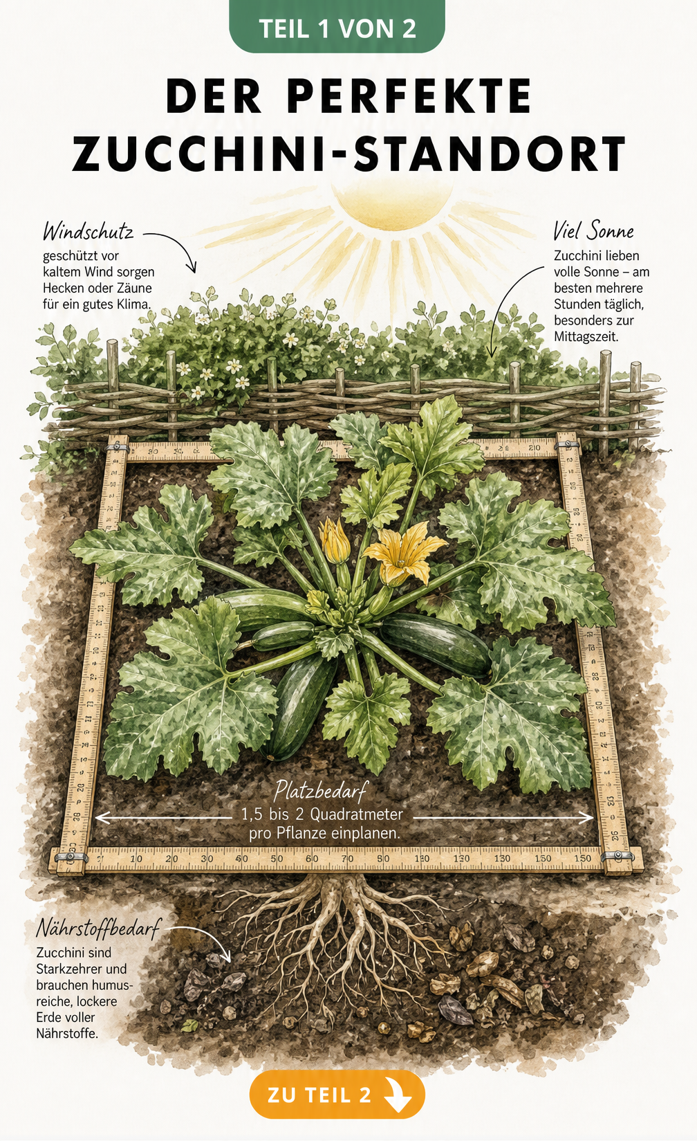 Illustration eines Gemüsebeets mit einer Zucchinipflanze, die viel Platz, Sonne und nährstoffreiche Erde benötigt