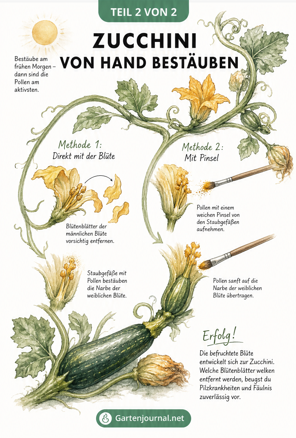 Illustration der manuellen Bestäubung einer Zucchini, bei der Pollen von der männlichen auf die weibliche Blüte übertragen wird