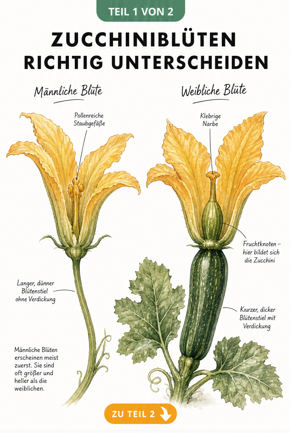 Botanische Illustration einer männlichen und weiblichen Zucchiniblüte im direkten Vergleich mit Markierungen der Pflanzenteile