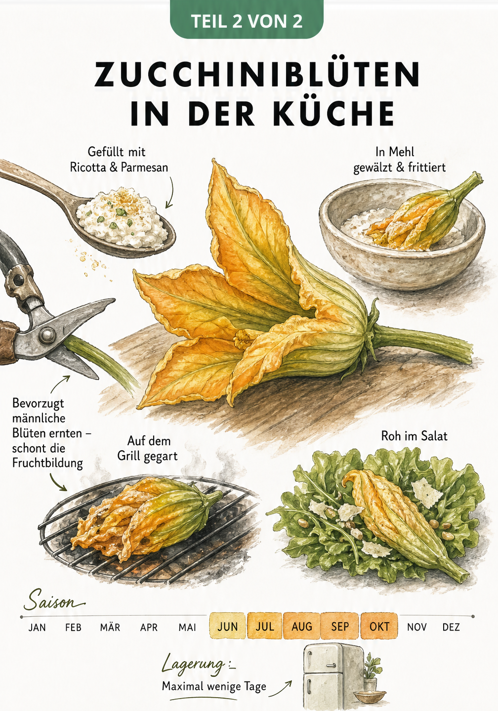 Illustration verschiedener Zubereitungsarten für Zucchiniblüten wie frittieren, grillen und füllen