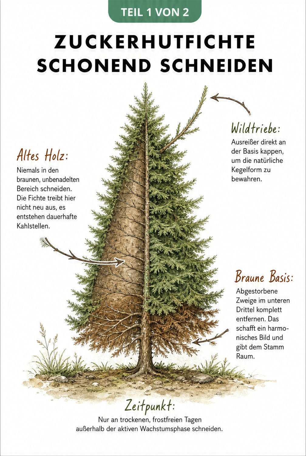 Querschnitt einer Zuckerhutfichte mit Markierungen für altes Holz, Wildtriebe und braune Basis