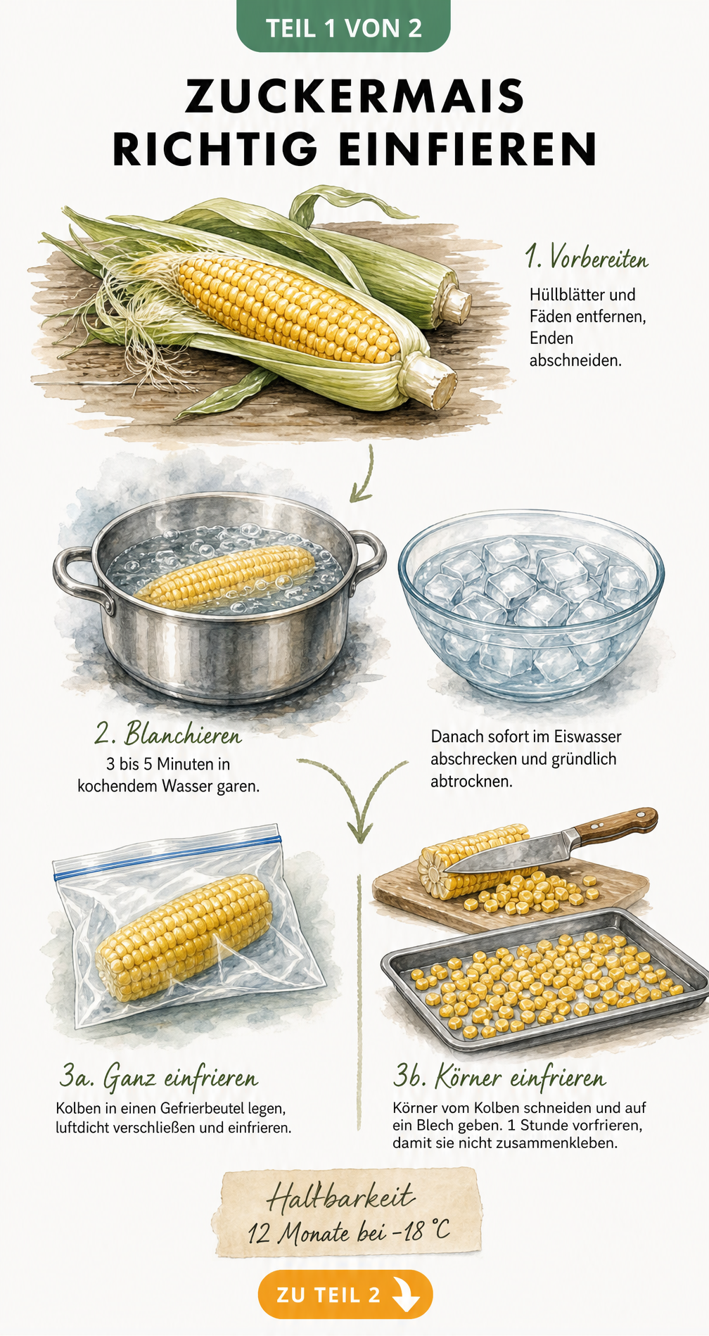 Illustration der Schritte zum Einfrieren von Zuckermais: Hüllblätter entfernen, blanchieren, abschrecken und als ganzer Kolben oder Körner verpacken.