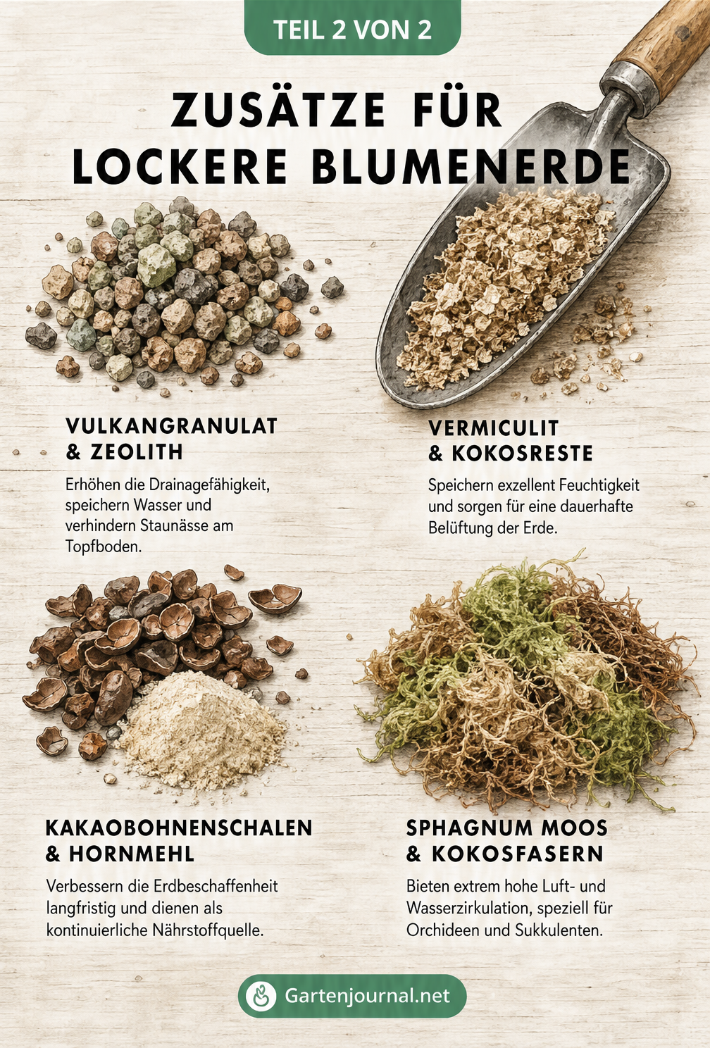 Illustration verschiedener Naturmaterialien zur Bodenverbesserung: Vulkangranulat, Vermiculit, Kakaobohnenschalen und Sphagnum Moos auf einem Holztisch.