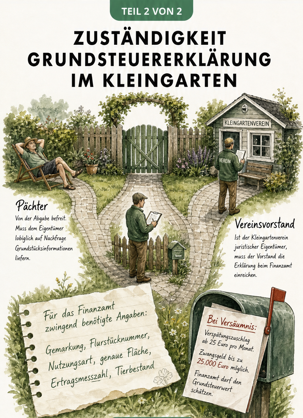 Isometrische Grafik mit drei Wegen, die die Zuständigkeit von Pächter, Privateigentümer und Vereinsvorstand bei der Grundsteuererklärung zeigt