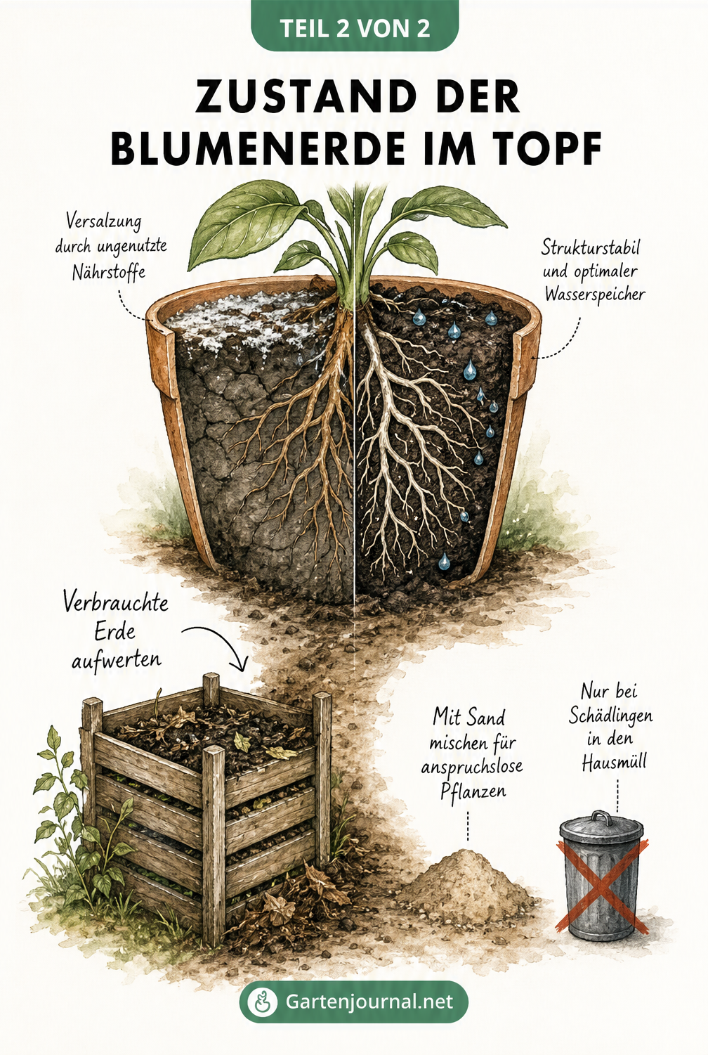 Querschnitt eines Pflanztopfes, der den Unterschied zwischen verbrauchter, versalzener Erde und frischer, strukturstabiler Blumenerde zeigt, inklusive...
