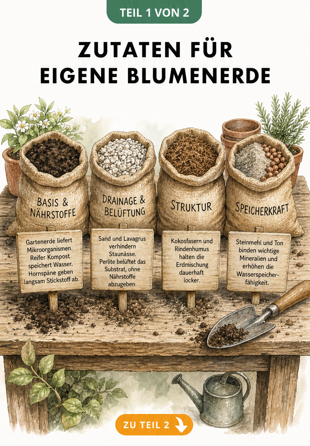 Aquarell-Illustration eines Pflanztisches mit vier Jutesäcken, die Zutaten für Blumenerde wie Kompost, Sand, Kokosfasern und Steinmehl zeigen.