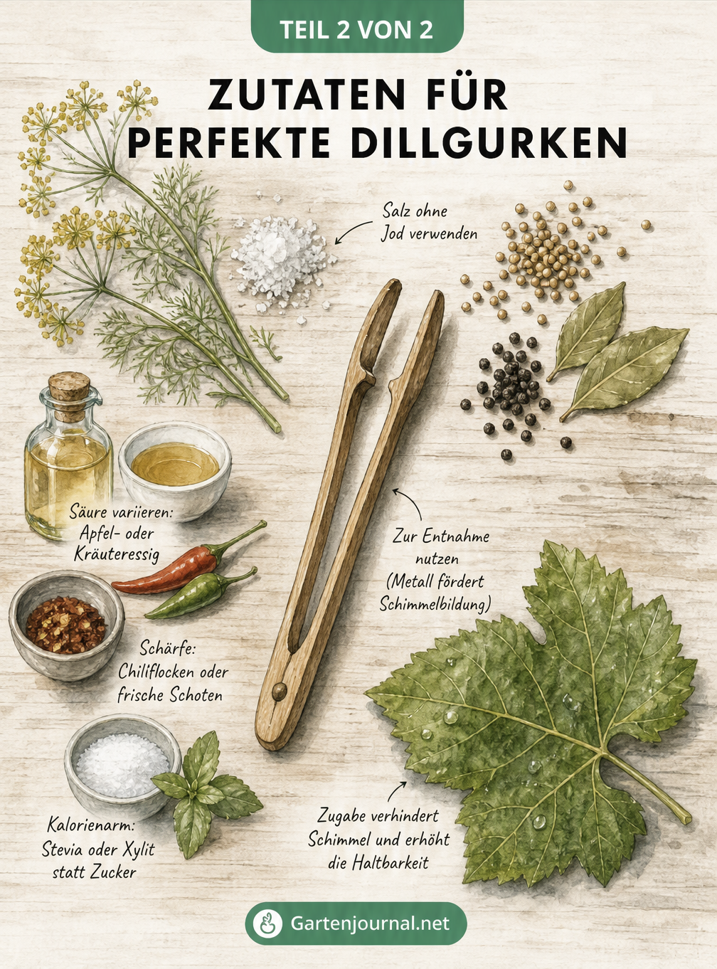 Aquarell-Illustration von Zutaten für Dillgurken wie Dilldolden, Senfkörner, Weinblatt und Gewürze rund um eine Holzzange.