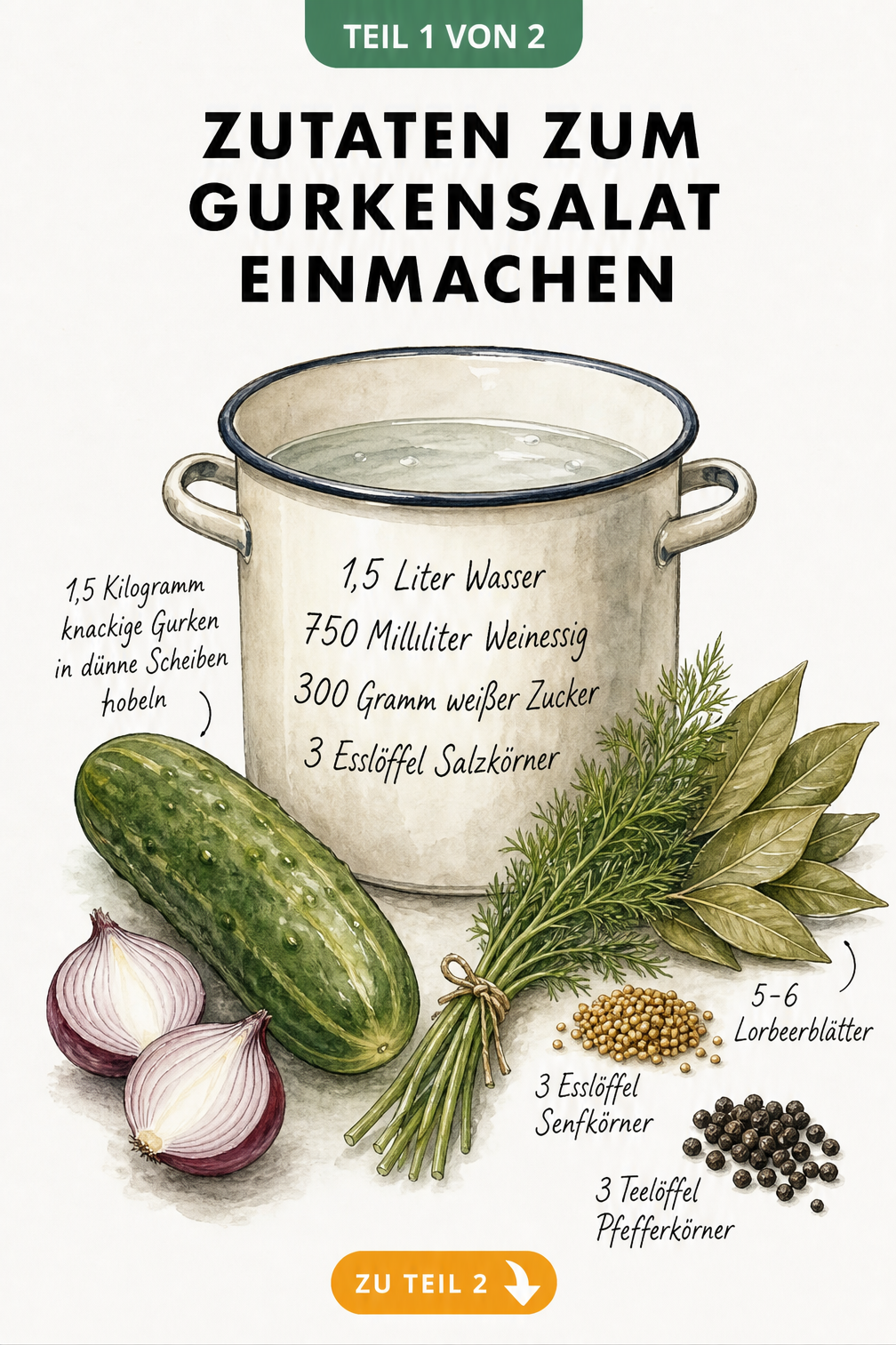 Illustration der Zutaten für eingemachten Gurkensalat mit Gurken, Zwiebeln, Essigsud und Gewürzen