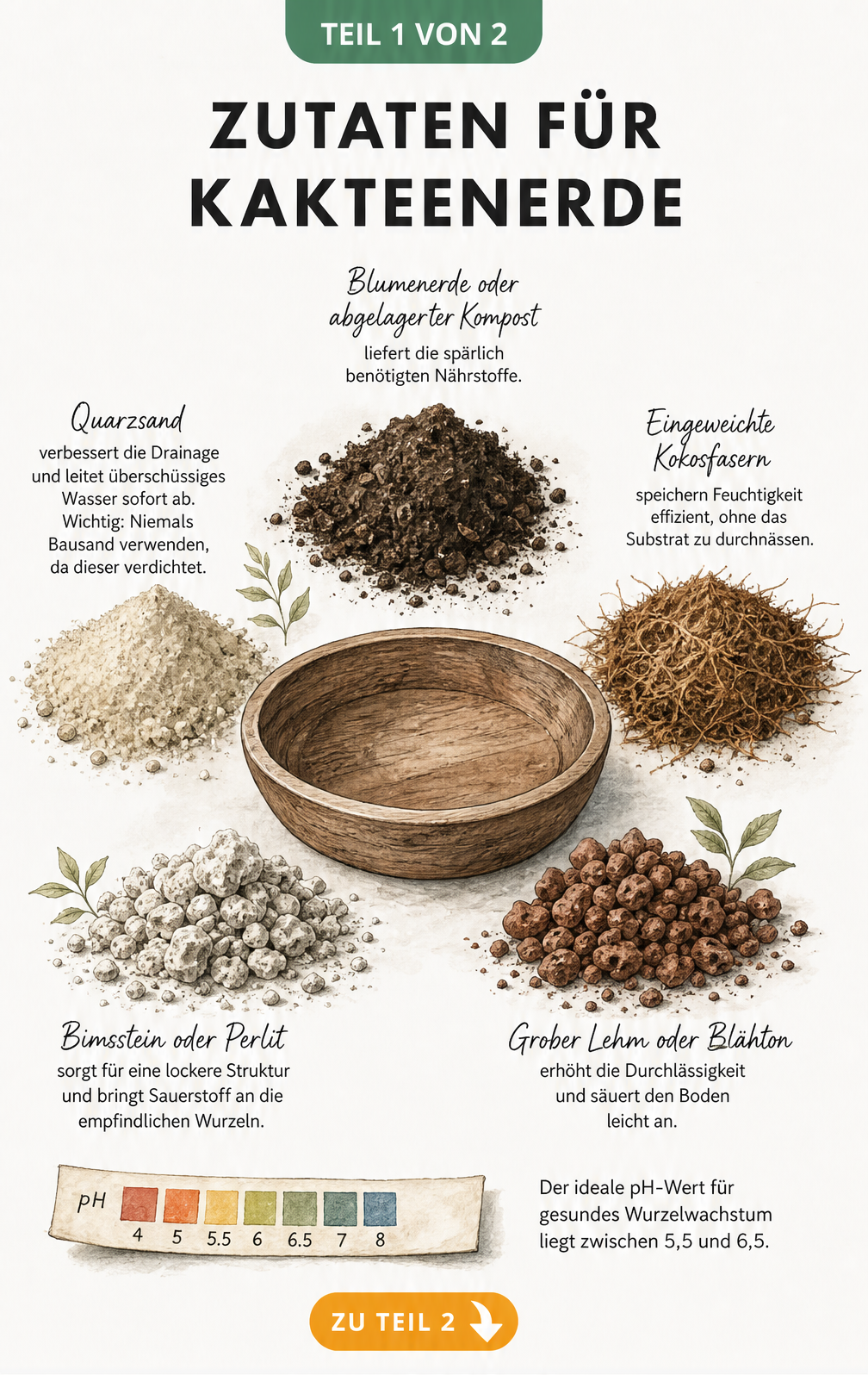 Illustration der Zutaten für Kakteenerde wie Blumenerde, Quarzsand, Kokosfasern, Bimsstein und Lehm um eine Holzschale