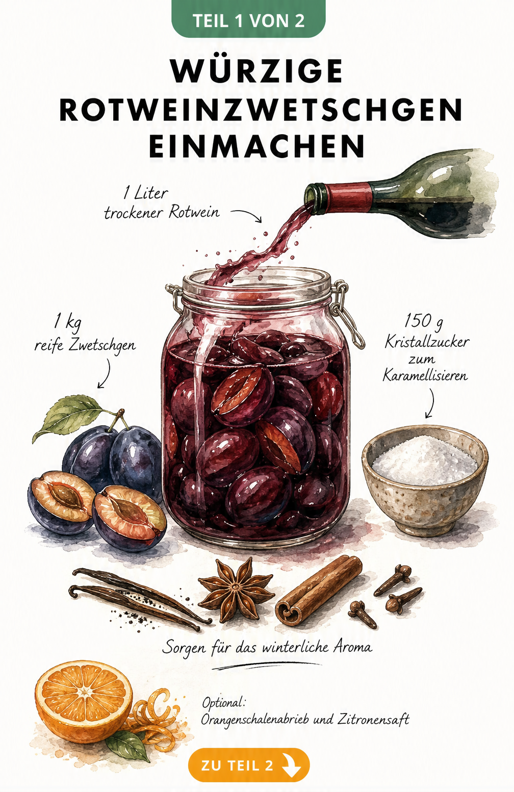 Illustration eines Einmachglases mit Rotweinzwetschgen und den benötigten Zutaten wie Rotwein, Zwetschgen, Zucker und Gewürzen