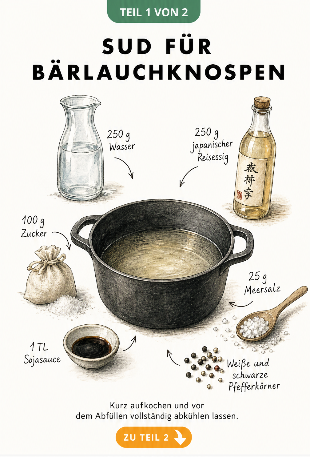 Illustration der Zutaten für einen Sud zum Einlegen von Bärlauchknospen mit Mengenangaben