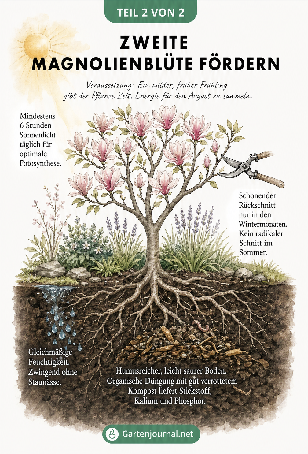Querschnitt-Illustration einer Magnolie mit Pflegetipps für eine zweite Blüte