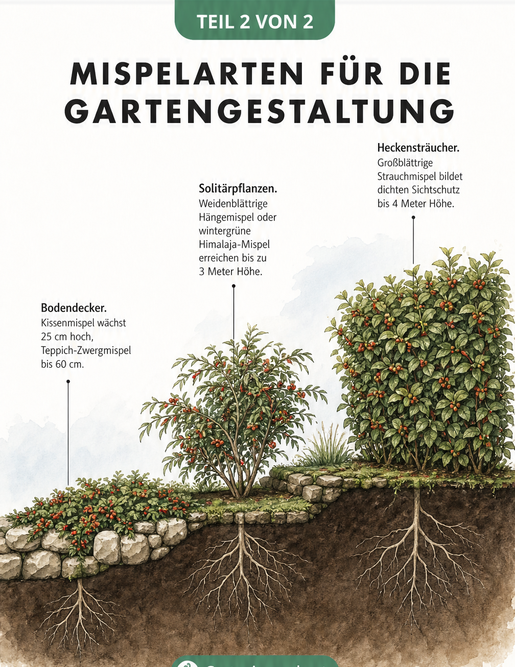 Landschaftsprofil mit verschiedenen Cotoneaster-Arten als Bodendecker, Solitärpflanze und Hecke