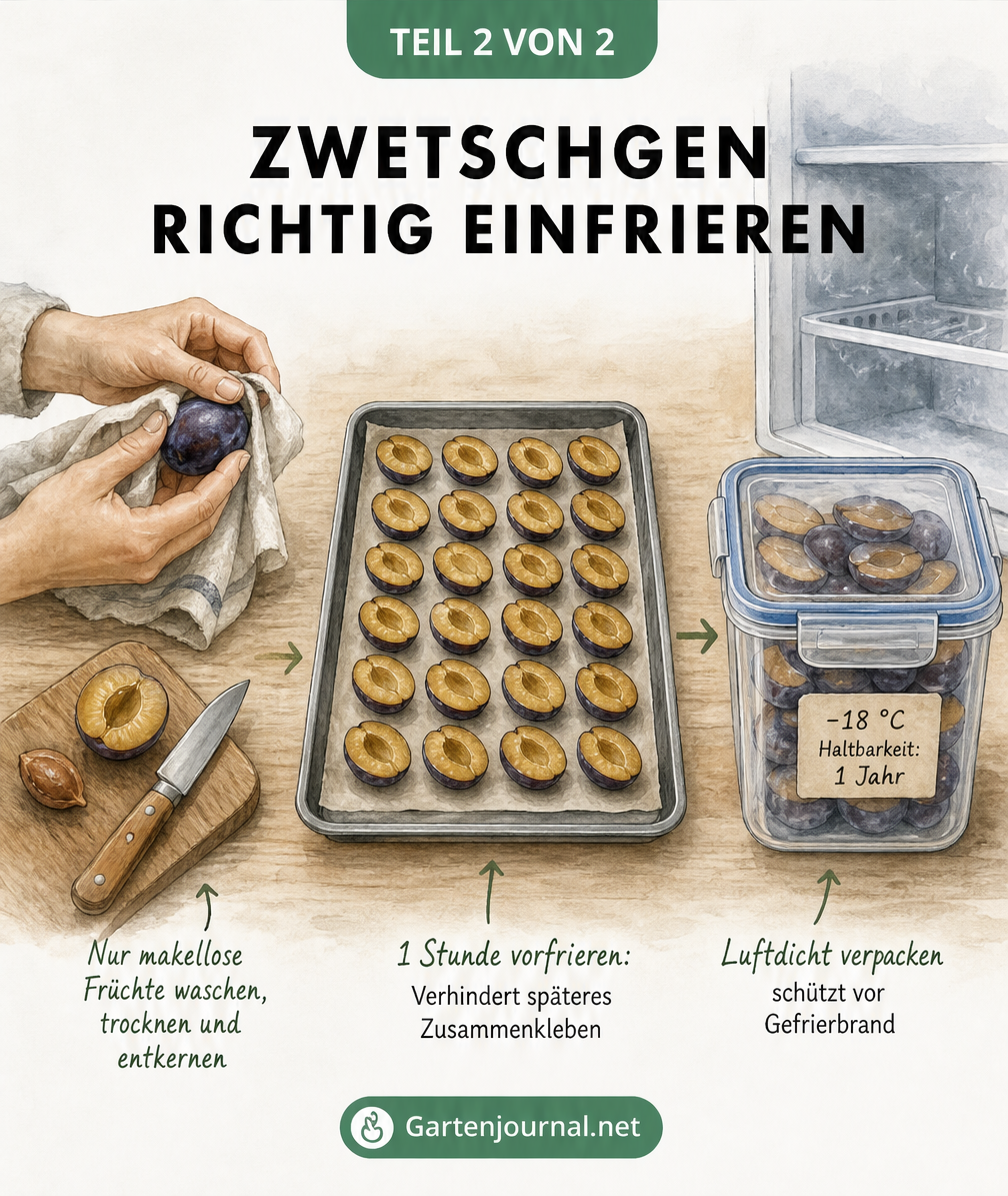 Illustration zum Einfrieren von Zwetschgen: Früchte waschen, entkernen, auf einem Backblech vorfrieren und luftdicht verpacken.