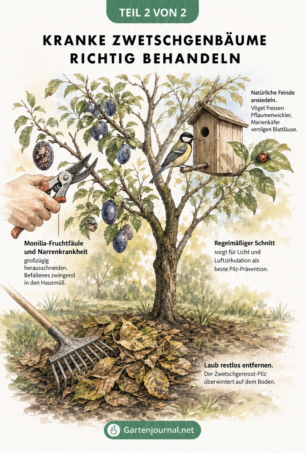Illustration eines Zwetschgenbaums mit Maßnahmen zur Krankheitsbekämpfung wie Laub entfernen, Rückschnitt und Nützlinge ansiedeln