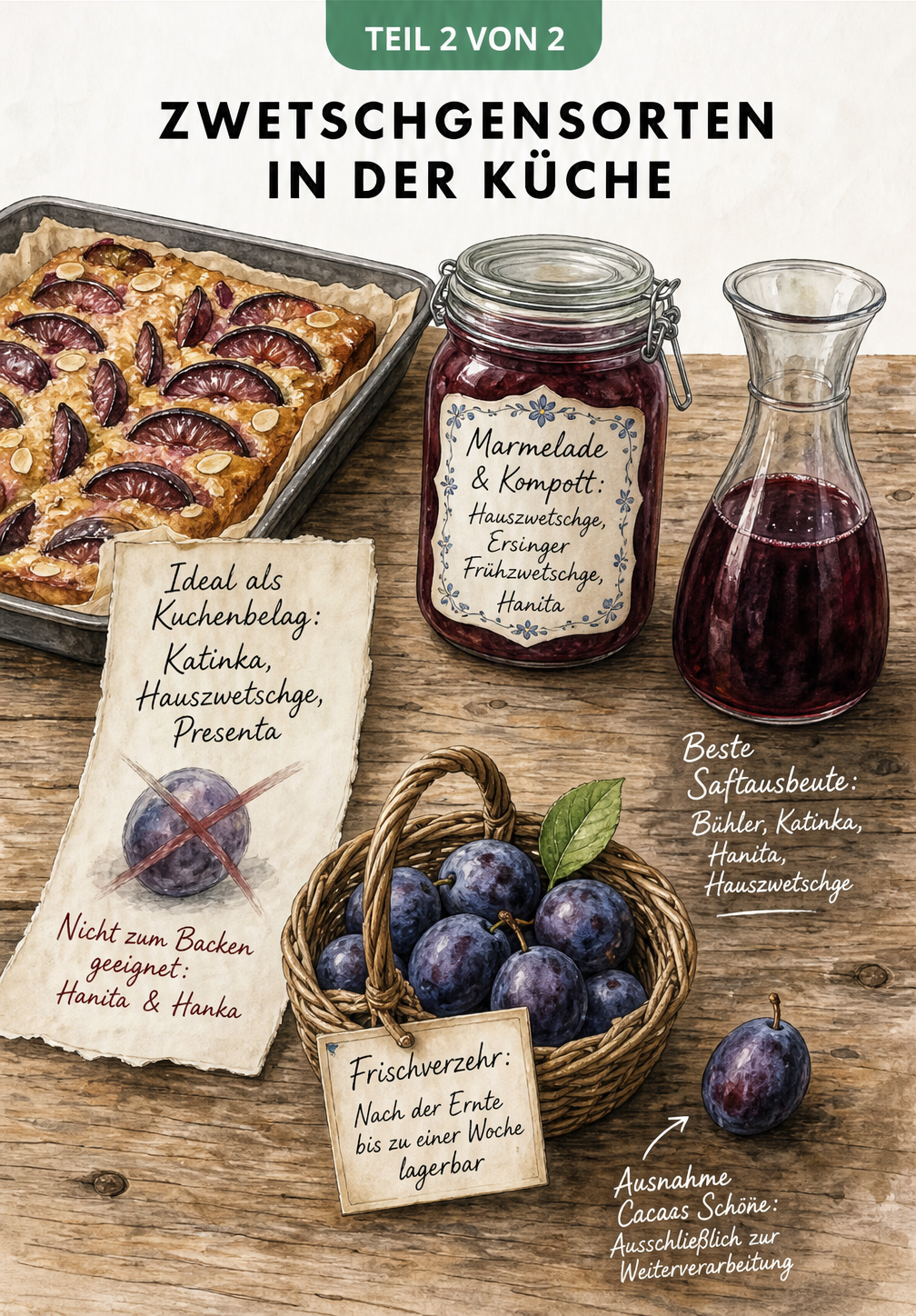 Illustration eines rustikalen Holztisches mit Pflaumenkuchen, Einmachglas, Karaffe und Zwetschgen