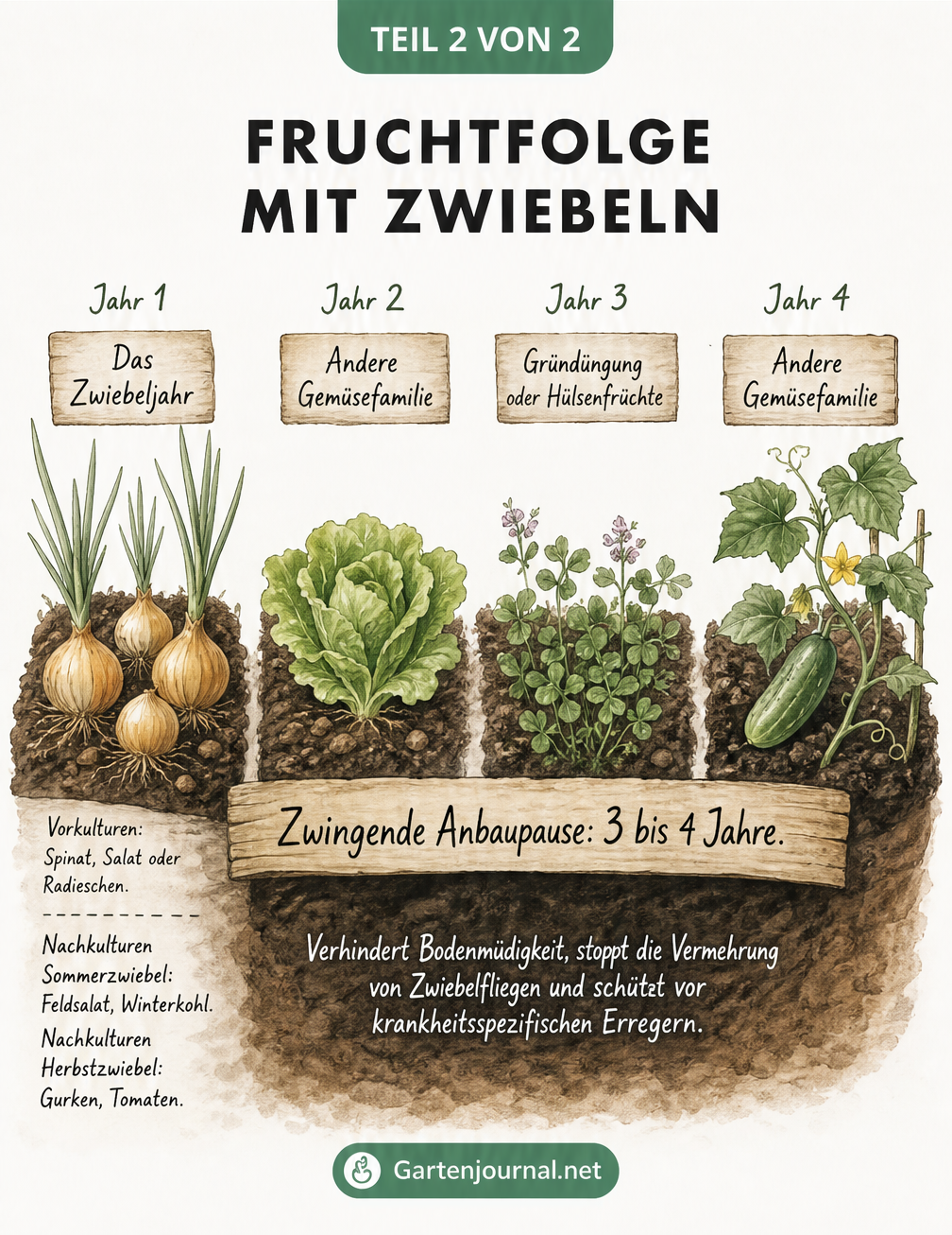 Aquarell-Grafik, die den zeitlichen Ablauf der Fruchtfolge mit Zwiebeln über vier Jahre visualisiert.