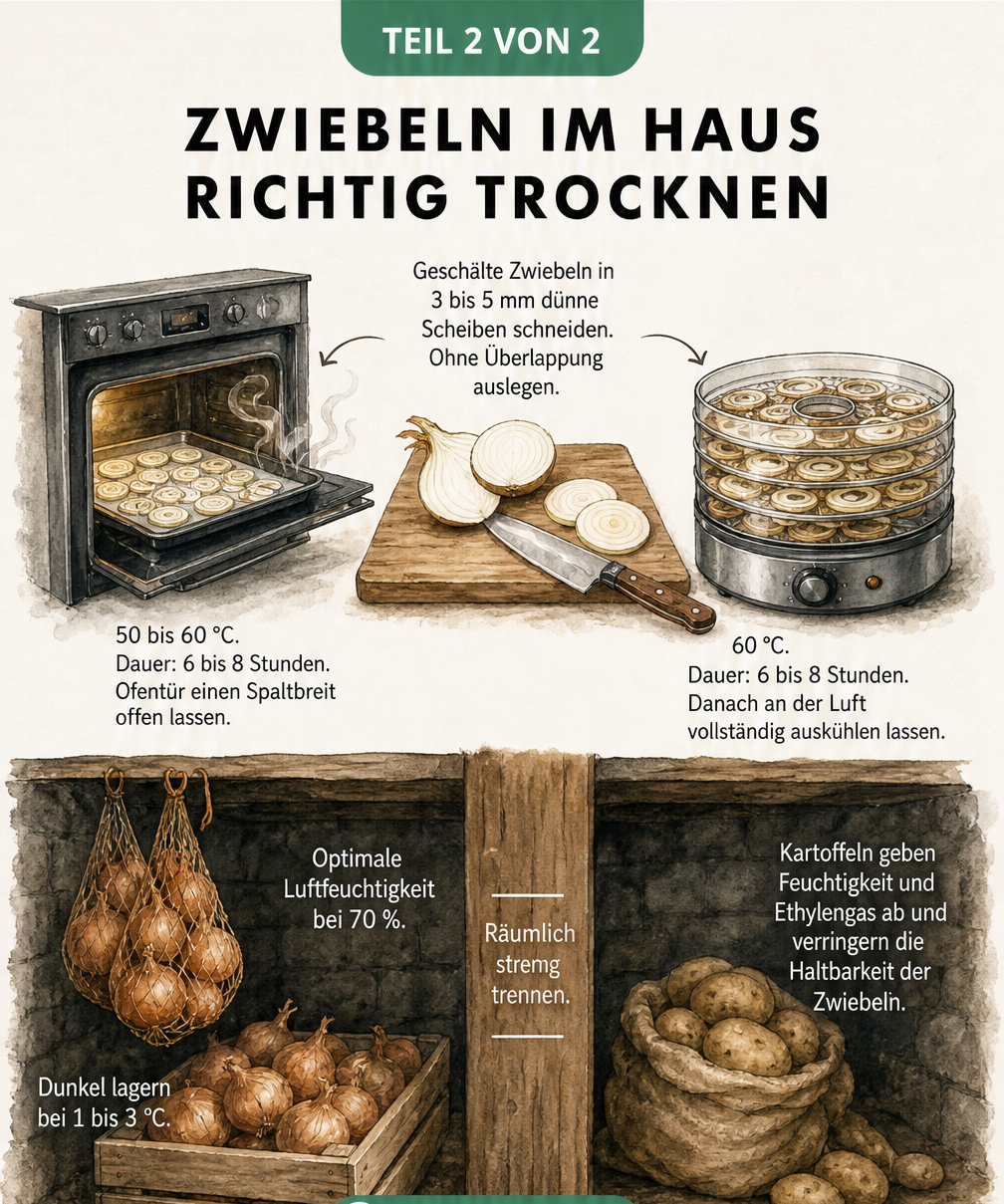 Illustration zum Trocknen von Zwiebelscheiben im Backofen oder Dörrautomaten sowie zur richtigen Lagerung im Keller.