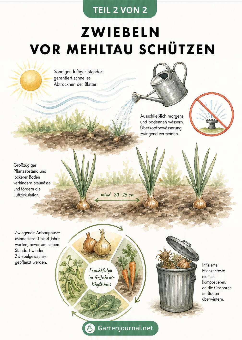 Aquarell-Illustration eines Gartenbeets mit Zwiebeln, die idealen Pflanzabstand, richtige Bewässerung und eine vierjährige Fruchtfolge zeigt.