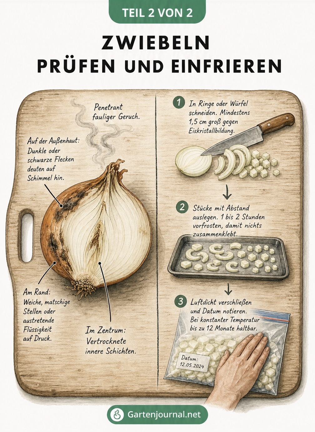 Zeichnung eines Schneidebretts, die zeigt, wie man verdorbene Zwiebeln erkennt und frische Zwiebeln in drei Schritten richtig einfriert