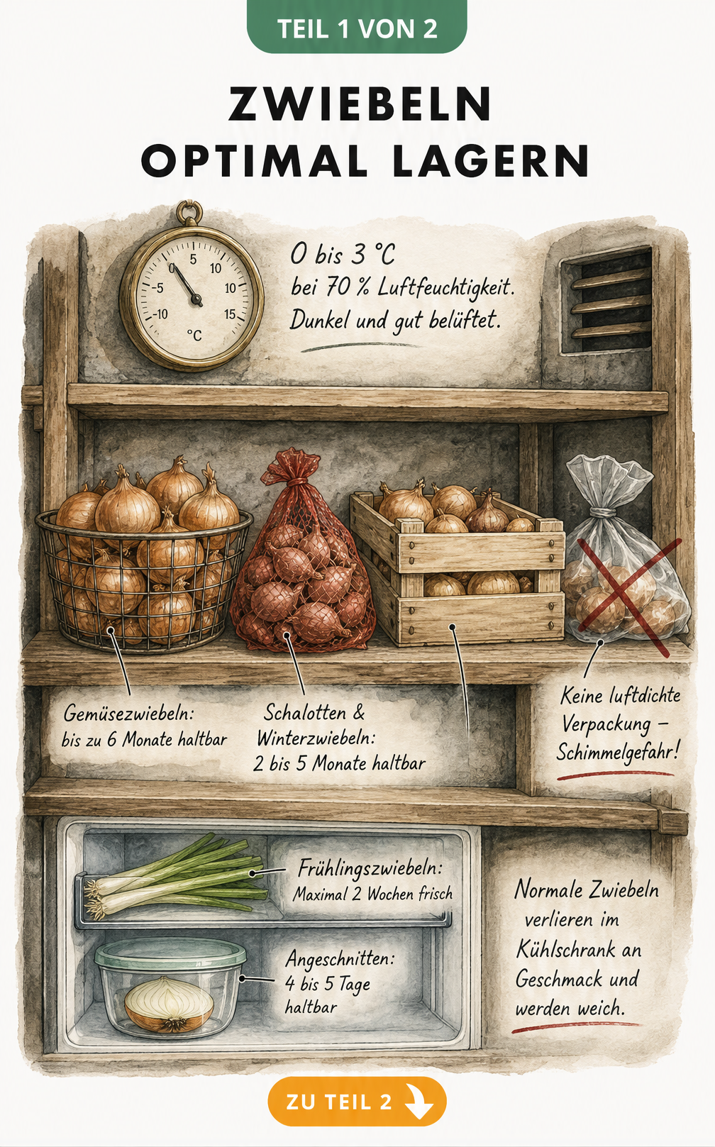 Illustration eines Holzregals zur optimalen Lagerung von Zwiebeln mit Angaben zu Temperatur, Luftfeuchtigkeit und Haltbarkeit verschiedener Sorten