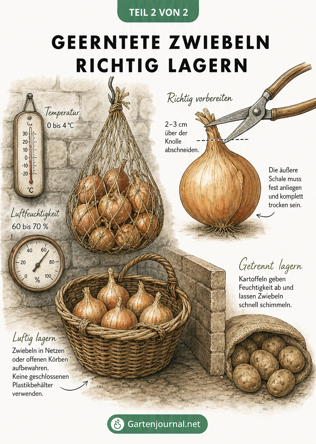Illustration eines Vorratskellers mit Zwiebeln in Netz und Weidenkorb, Detailzeichnung zum Laub-Schnitt und Thermometer für ideale Lagerbedingungen
