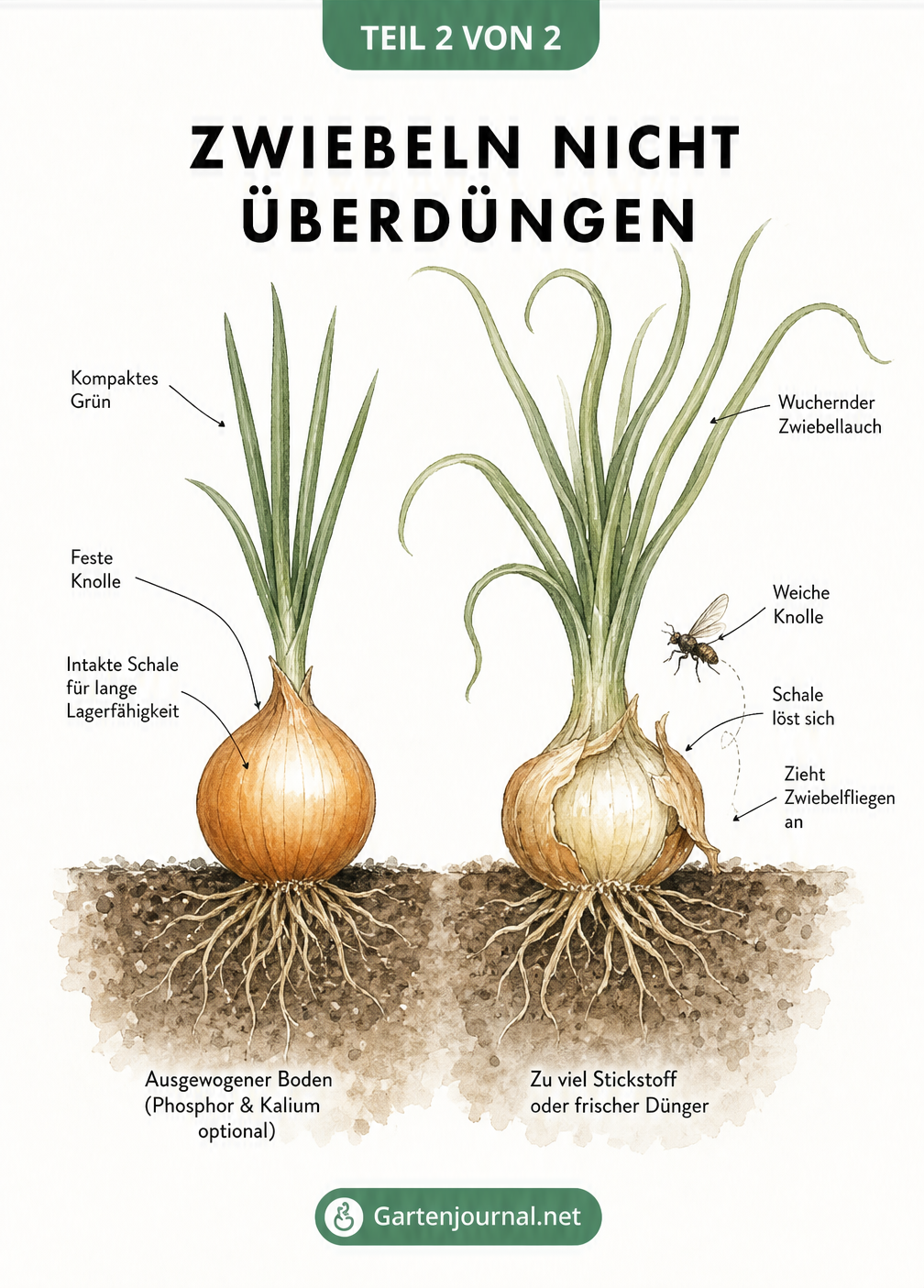 Vergleich zweier Zwiebelpflanzen im Querschnitt: Eine gesunde Pflanze und eine überdüngte Pflanze mit weicher Knolle und Zwiebelfliege.