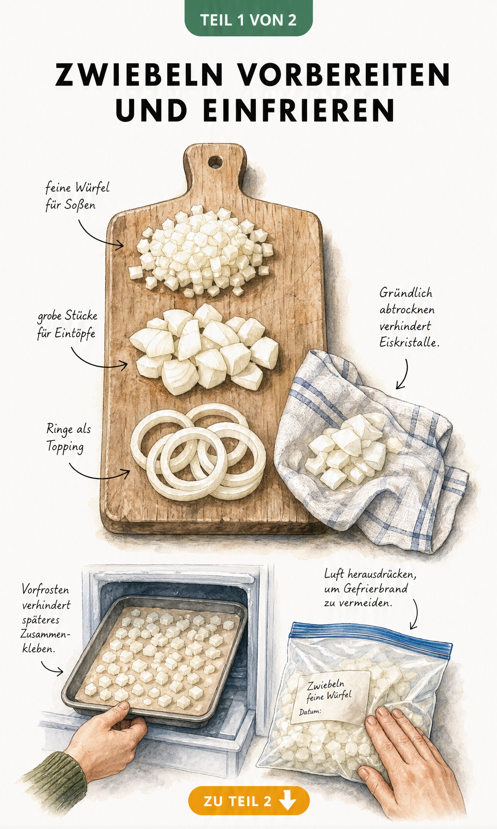 Illustration von geschnittenen Zwiebeln auf einem Holzbrett, die für das Einfrieren vorbereitet und abgetrocknet werden.