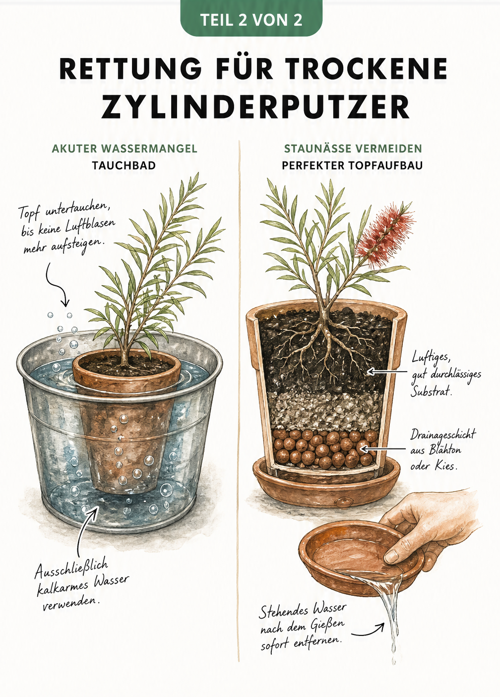 Illustration zur Rettung eines Zylinderputzers: Ein Pflanztopf wird in einen Eimer Wasser getaucht, daneben ein Querschnitt eines Topfes mit Drainageschicht...