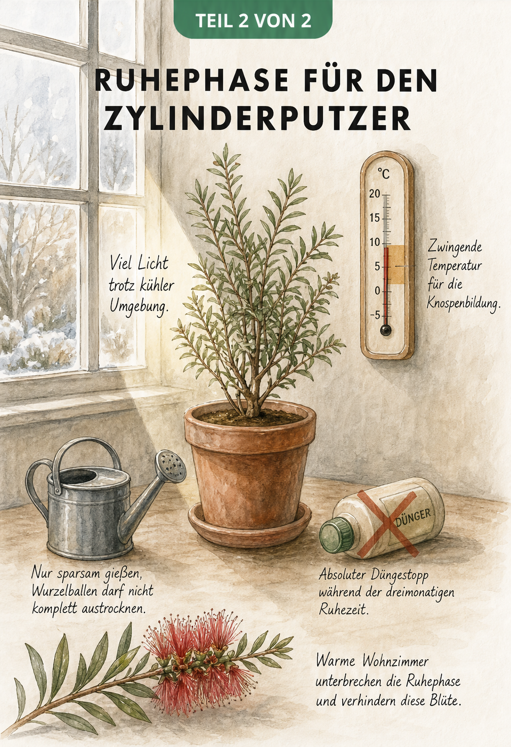 Illustration eines Zylinderputzers im Winterquartier bei 5 bis 10 Grad Celsius mit viel Licht und wenig Wasser.