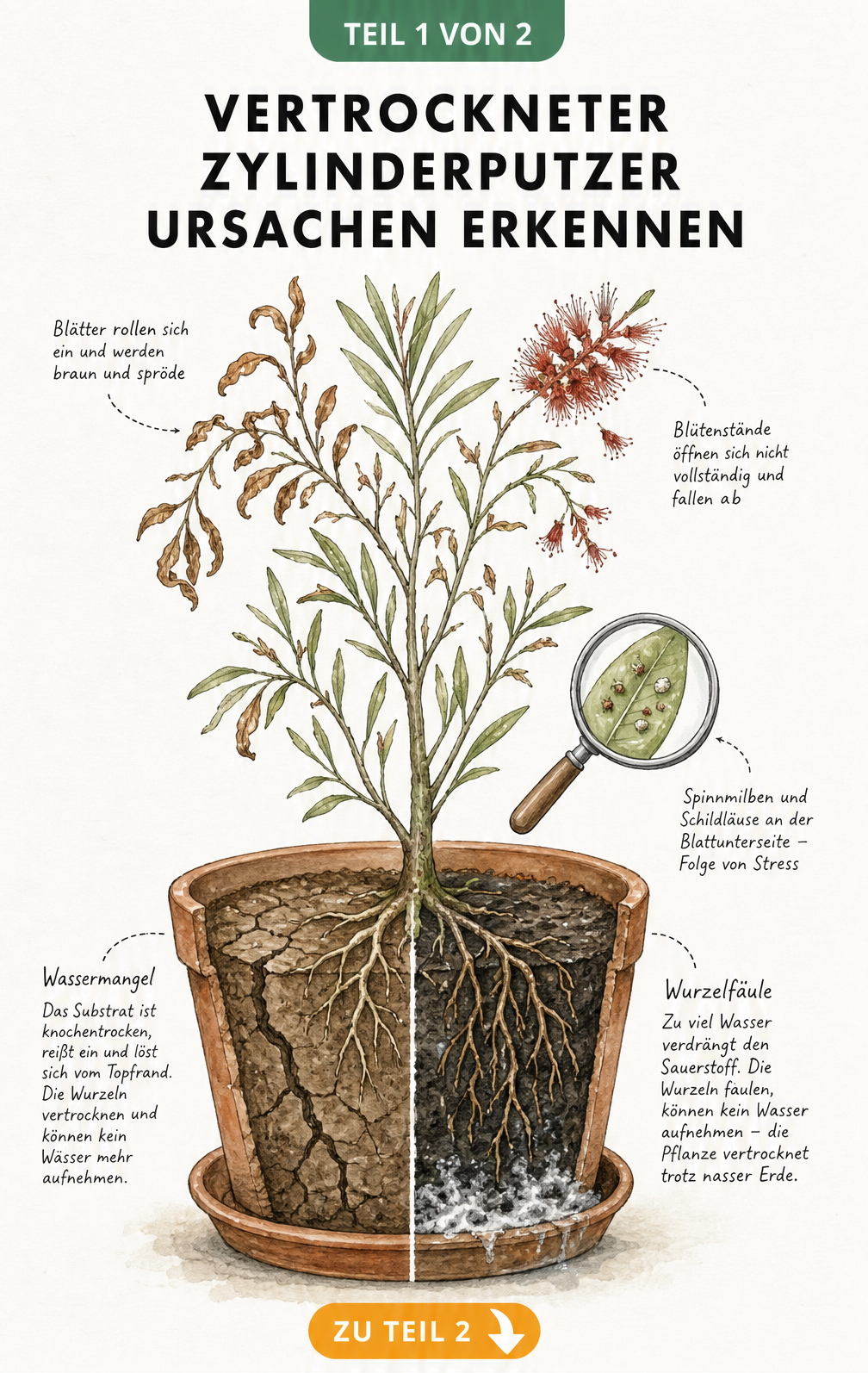 Illustration eines Zylinderputzers im Querschnitt, die vertrocknete Blätter, Schädlinge sowie trockene Erde und Wurzelfäule zeigt