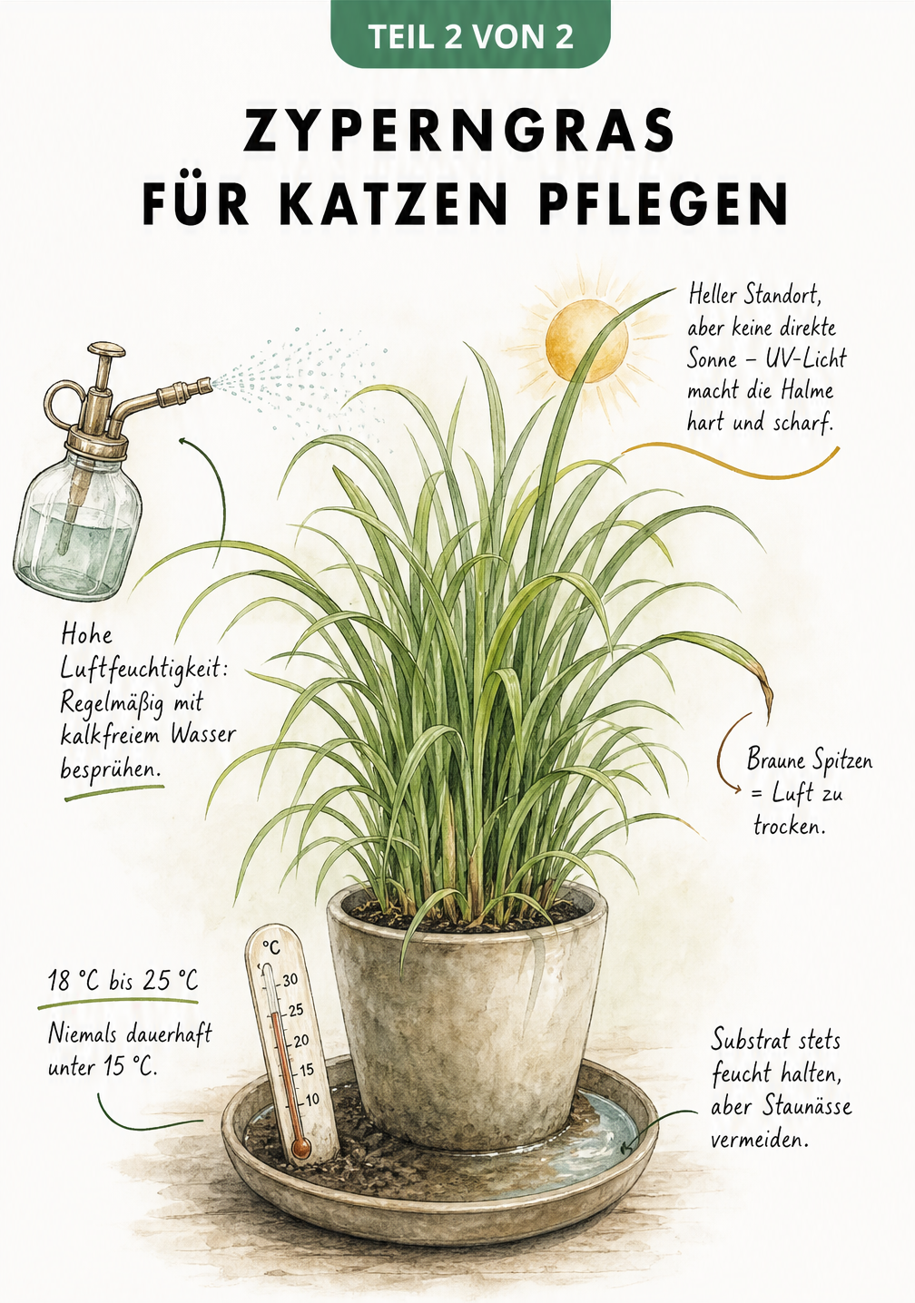 Illustration zur Pflege von Zyperngras für Katzen: Heller Standort ohne direkte Sonne, hohe Luftfeuchtigkeit und feuchtes Substrat