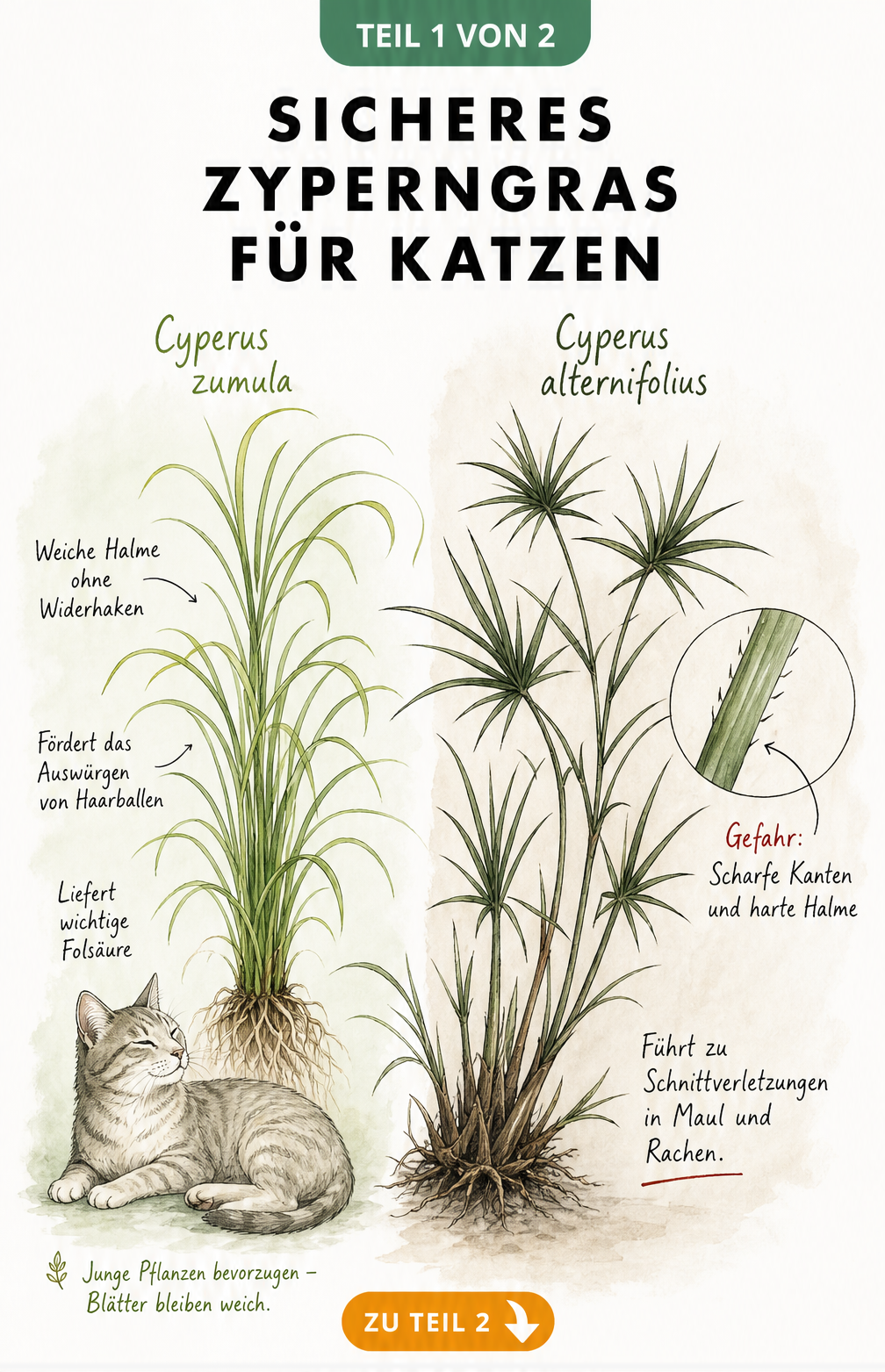 Botanische Illustration von Zyperngras für Katzen: Cyperus zumula mit weichen Halmen und Cyperus alternifolius mit scharfen Kanten