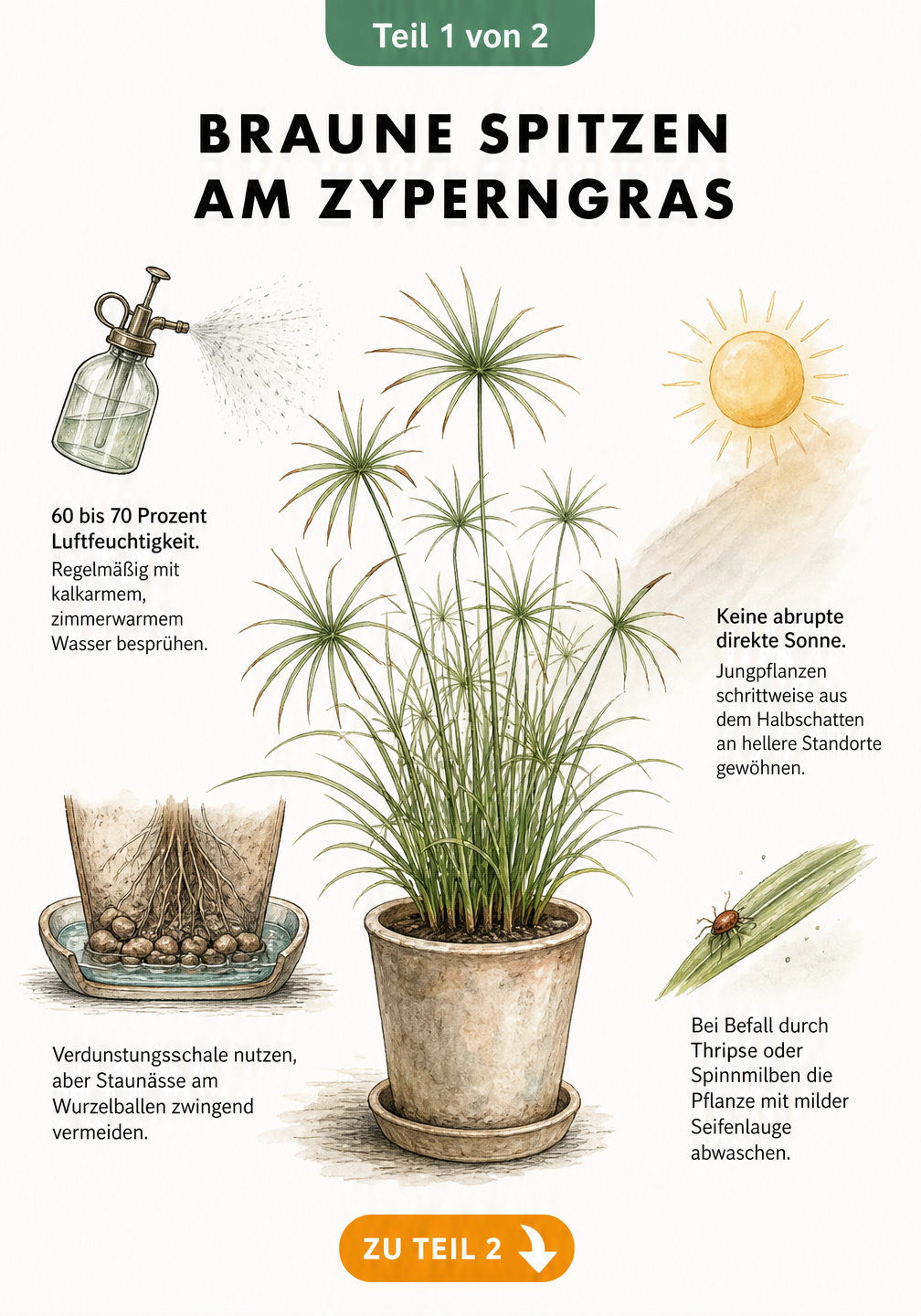 Botanische Illustration eines Zyperngrases im Topf mit Hinweisen zu Luftfeuchtigkeit, Bewässerung und Standort