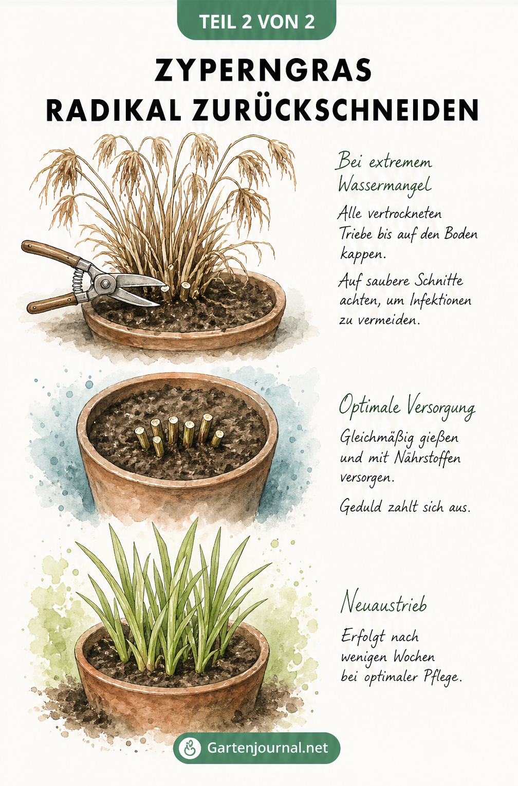 Vorher-Nachher-Illustration eines radikalen Rückschnitts bei vertrocknetem Zyperngras