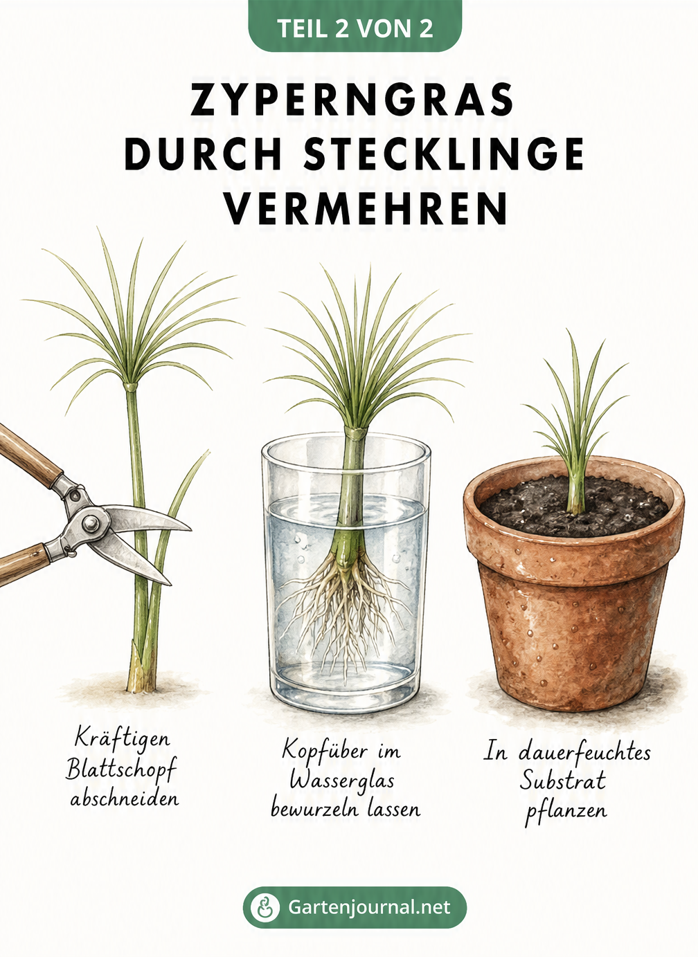 Aquarell-Zeichnung zur Vermehrung von Zyperngras: Blattschopf abschneiden, im Wasserglas bewurzeln und einpflanzen