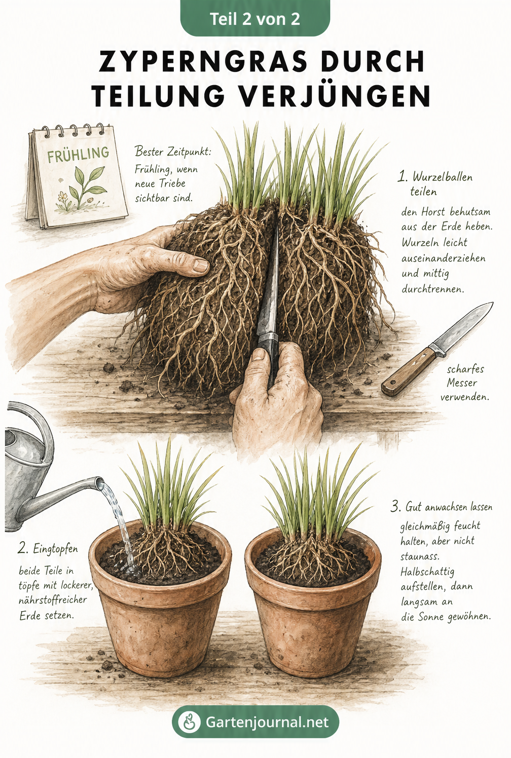 Illustration eines geteilten Zyperngras-Wurzelballens auf einem Holztisch mit Messer und neuen Töpfen