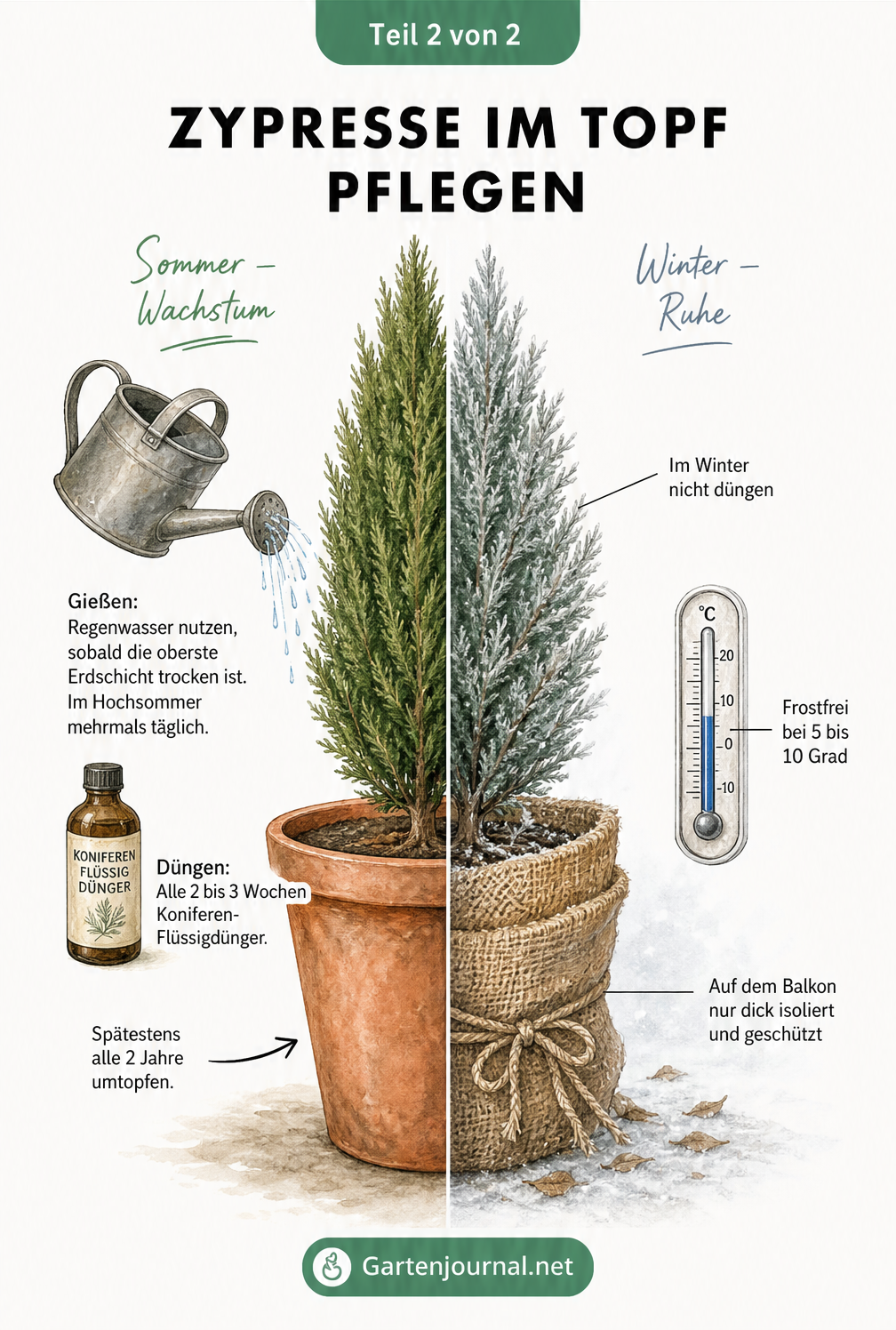 Illustration einer Zypresse im Kübel, aufgeteilt in Sommerpflege mit Gießen und Düngen sowie Winterruhe mit Frostschutz.